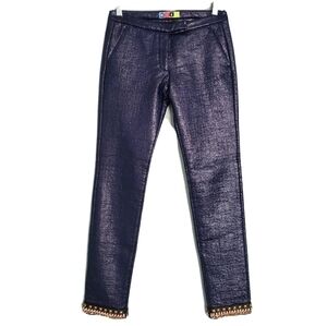MSGM Crinkled Vinyl Blue Pants Studded Chain Zipper Hem